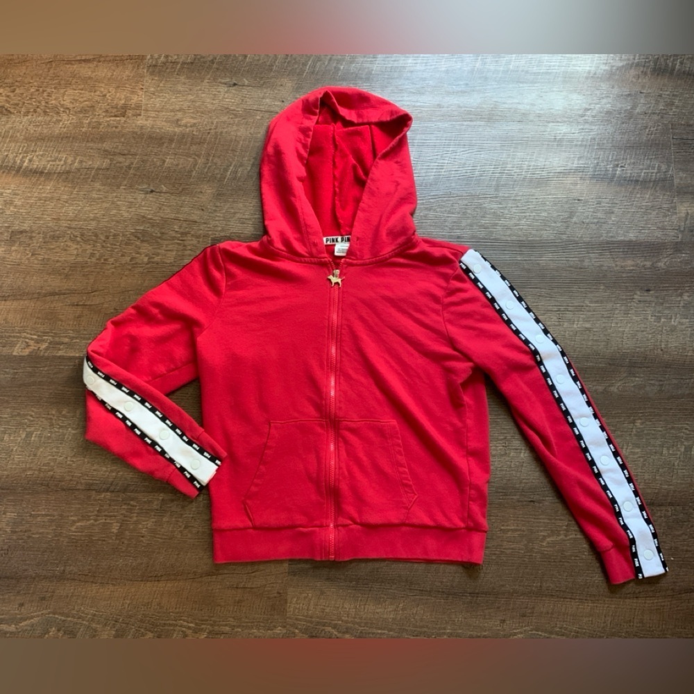 PINK Victoria s Secret red zip-up hoodie Y2K white stripe snap details  sz L